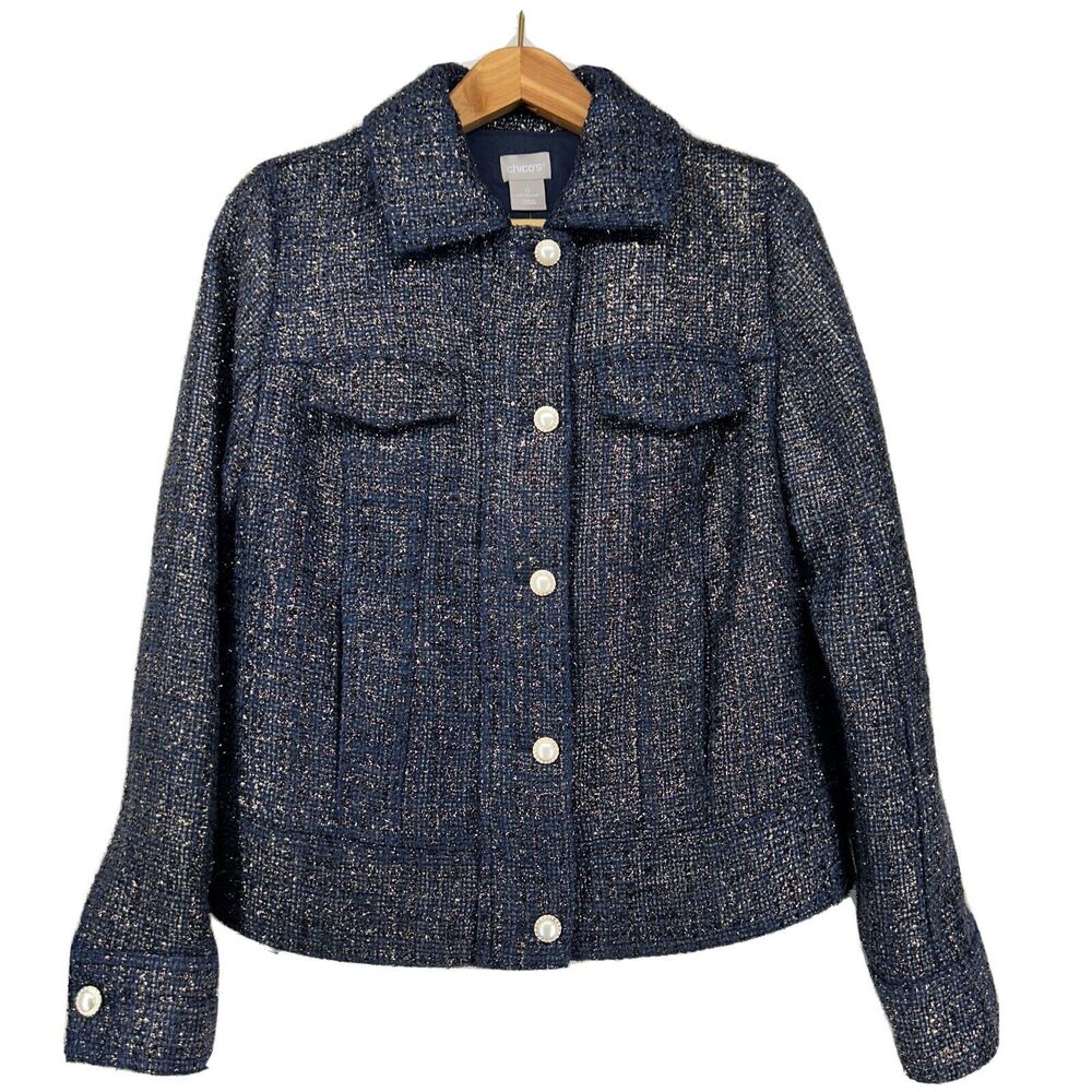 Chico’s Jacket Size 0 Navy Blue Gold Foil Tweed Zip Pocket NWT $169